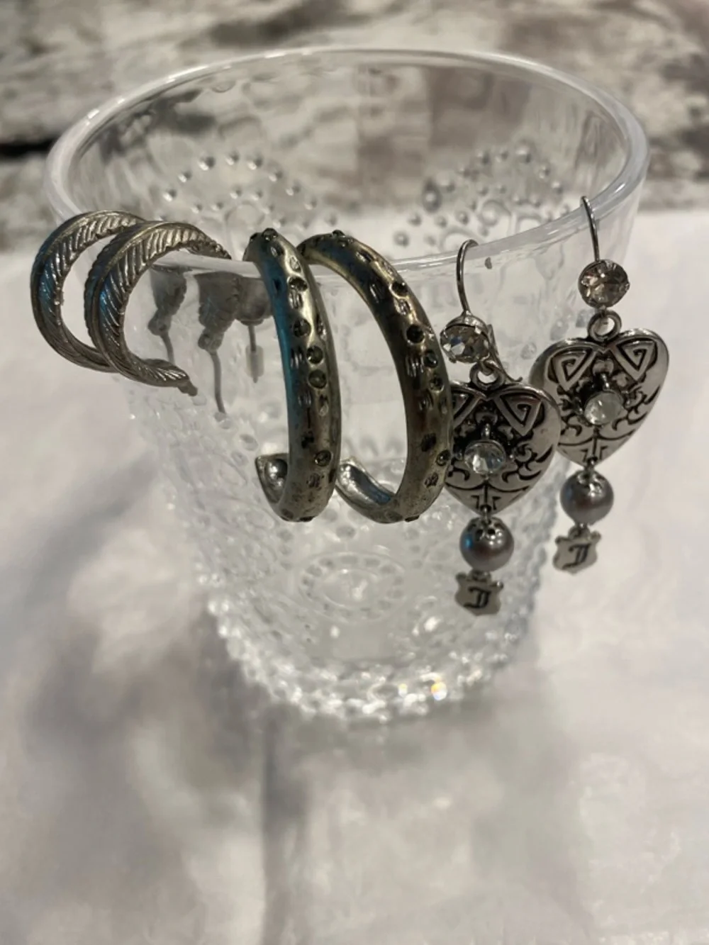 Silver Earring Bundle 3 Pair Set | Heart Dangle + Textured Hoops | Vintage Style - Picture 4 of 10